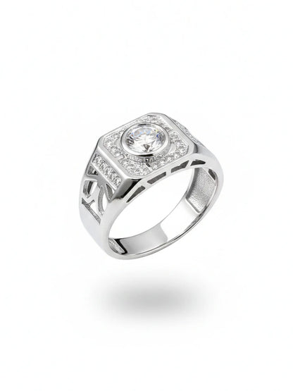Sylvexia Men’s Silver Round Halo CZ Ring | Geometric Cut Designer Statement Ring