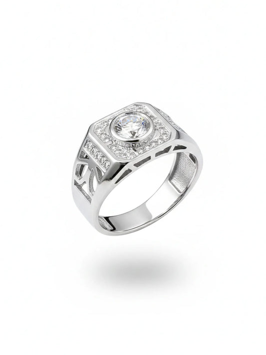 Sylvexia Men’s Silver Round Halo CZ Ring | Geometric Cut Designer Statement Ring