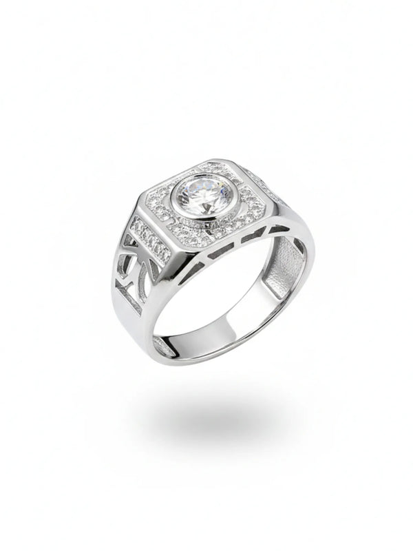 Sylvexia Men’s Silver Round Halo CZ Ring | Geometric Cut Designer Statement Ring
