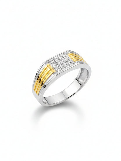 Sylvexia 925 Sterling Silver Two Tone CZ Band Ring for Men | Gold Accent Statement Ring