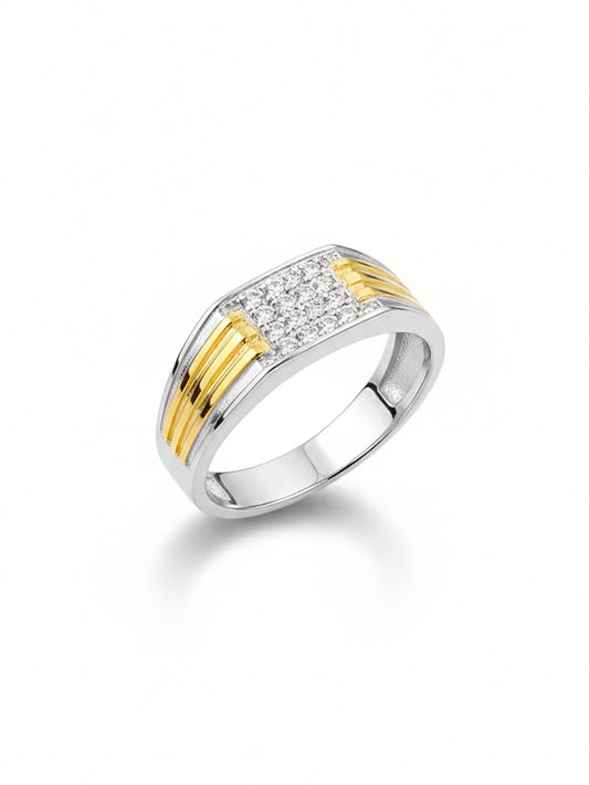 Sylvexia 925 Sterling Silver Two Tone CZ Band Ring for Men | Gold Accent Statement Ring