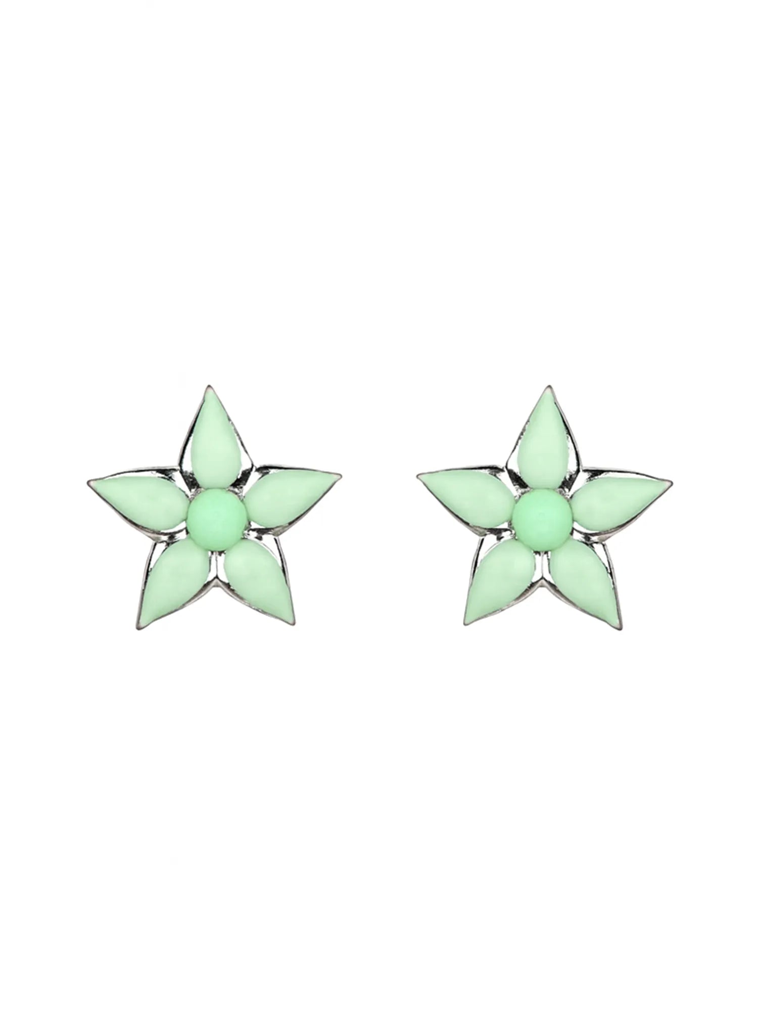 Sylvexia Silver Mint Green Floral Star Stud Earrings