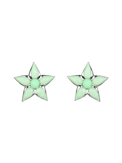 Sylvexia Silver Mint Green Floral Star Stud Earrings