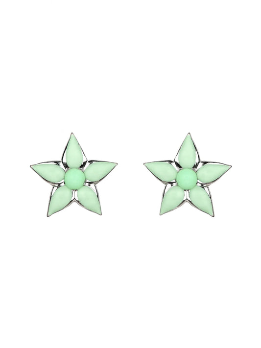 Sylvexia Silver Mint Green Floral Star Stud Earrings