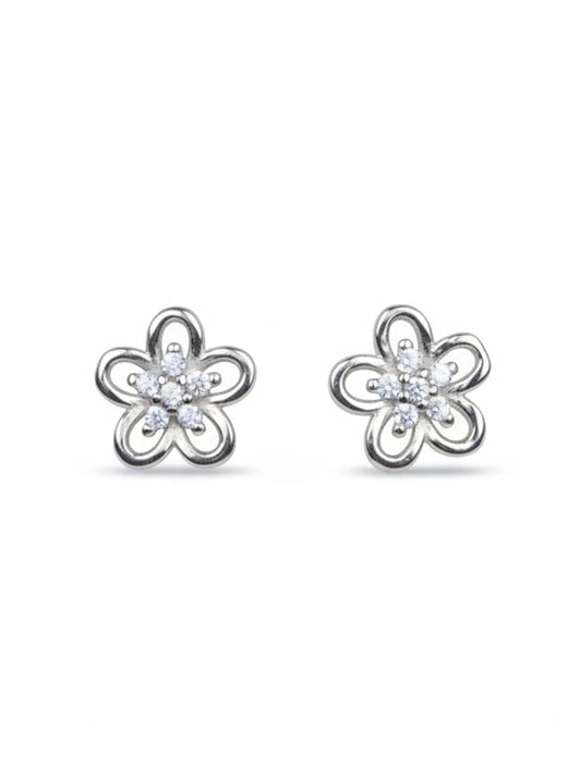 Sylvexia Silver Double Layer Floral Crystal Stud Earrings