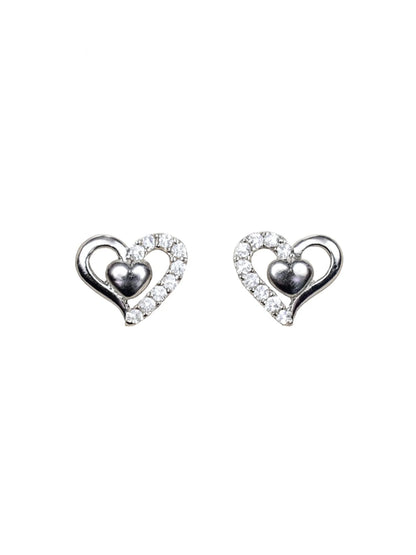 Sylvexia Silver Double Heart Crystal Stud Earrings