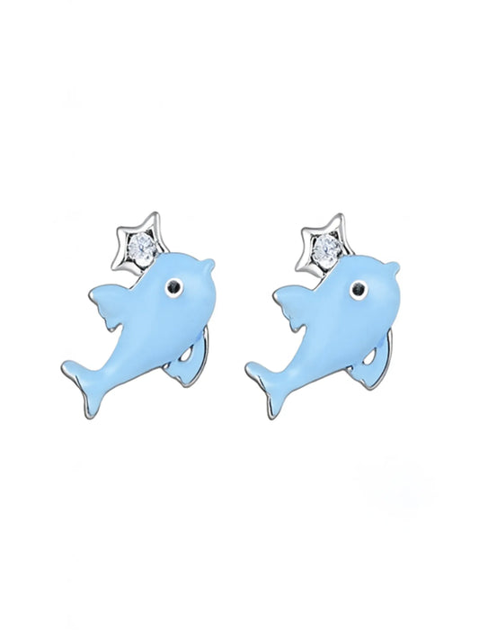 Sylvexia Silver Blue Dolphin Star Stud Earrings