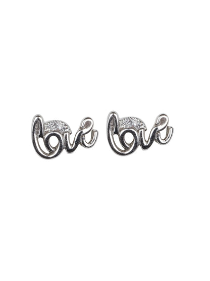 Sylvexia Silver Love Script Crystal Stud Earrings