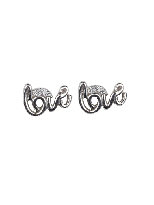 Sylvexia Silver Love Script Crystal Stud Earrings