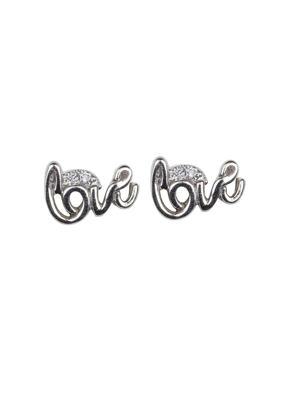 Sylvexia Silver Love Script Crystal Stud Earrings