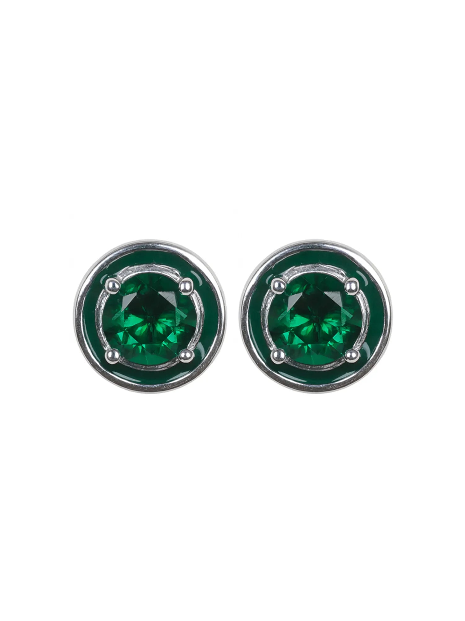Sylvexia Silver Emerald Green Round Crystal Stud Earrings