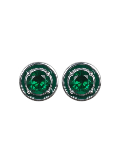 Sylvexia Silver Emerald Green Round Crystal Stud Earrings
