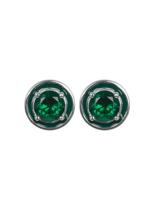 Sylvexia Silver Emerald Green Round Crystal Stud Earrings
