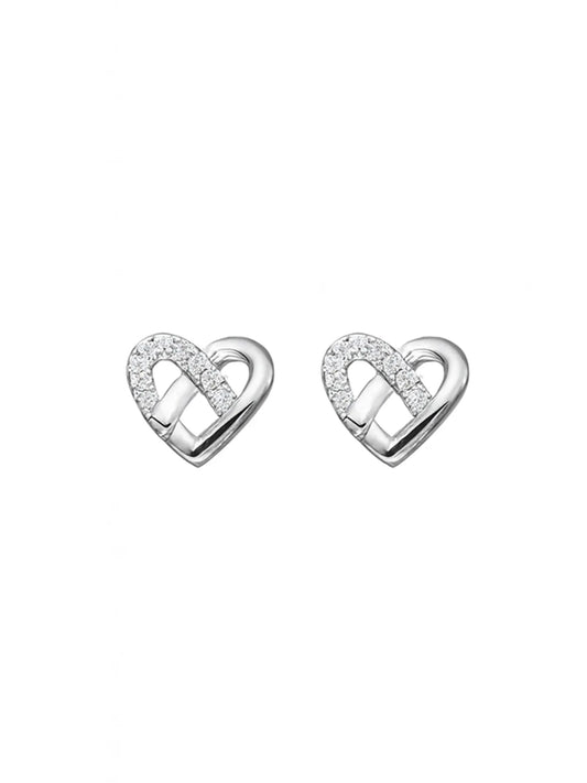 Sylvexia Silver Interlocked Heart Crystal Stud Earrings