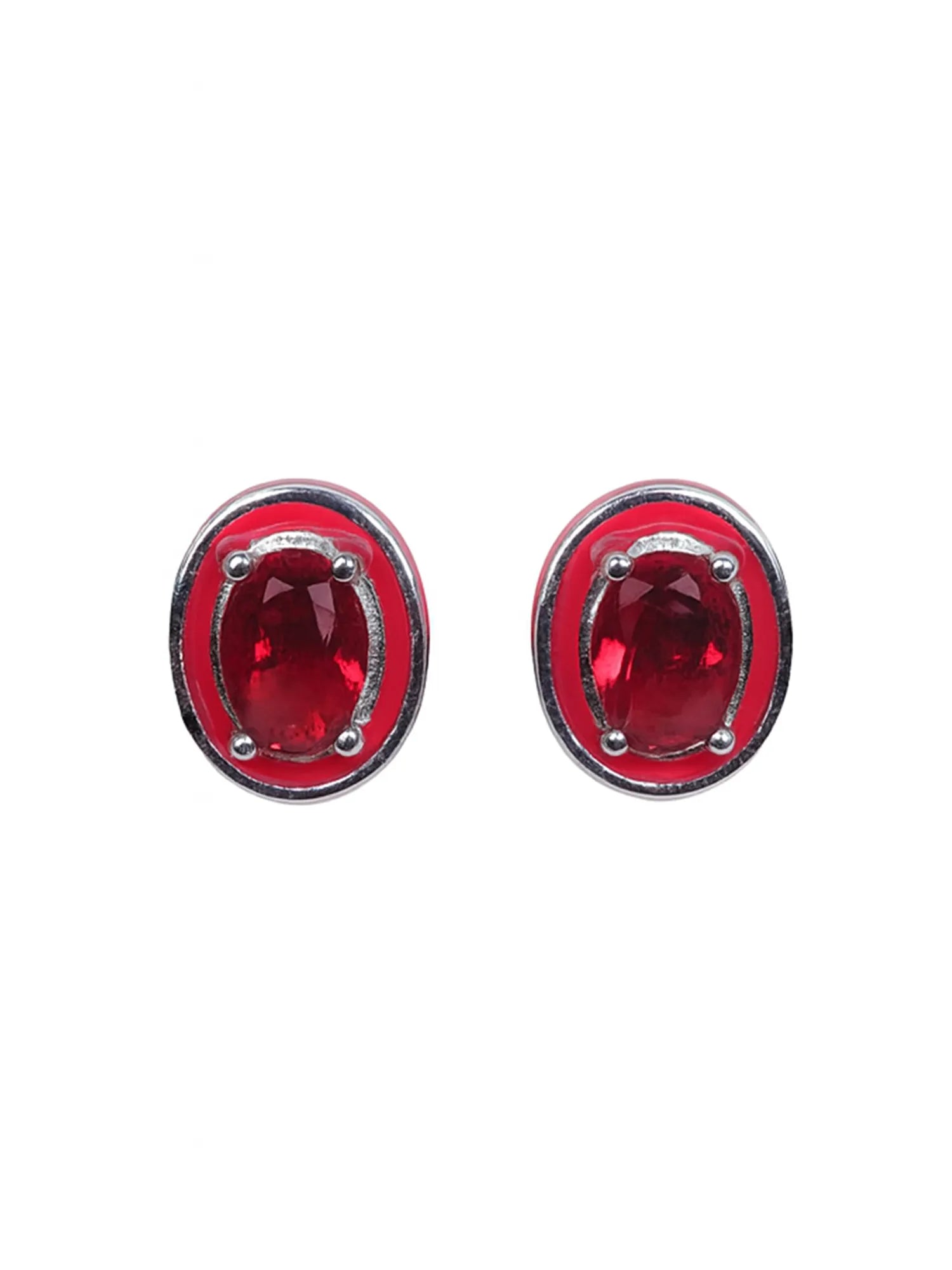Sylvexia Silver Ruby Red Oval Crystal Stud Earrings