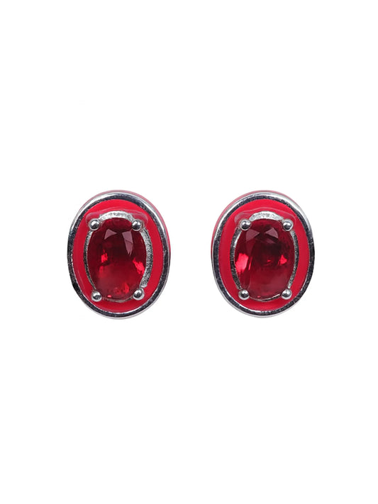 Sylvexia Silver Ruby Red Oval Crystal Stud Earrings