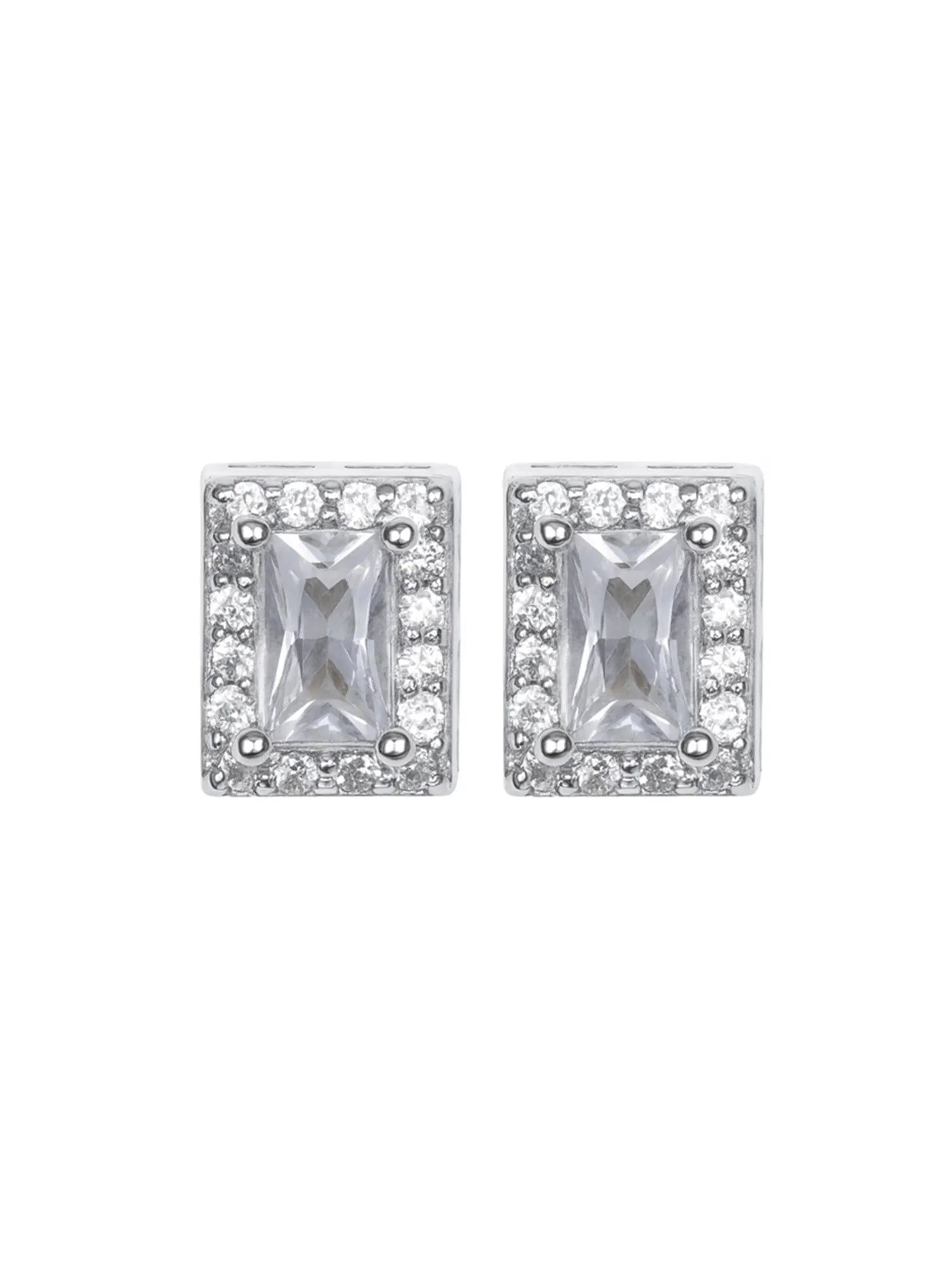Sylvexia Silver Rectangle Halo Crystal Stud Earrings