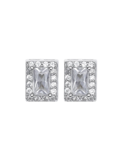 Sylvexia Silver Rectangle Halo Crystal Stud Earrings