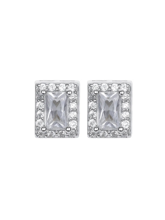 Sylvexia Silver Rectangle Halo Crystal Stud Earrings