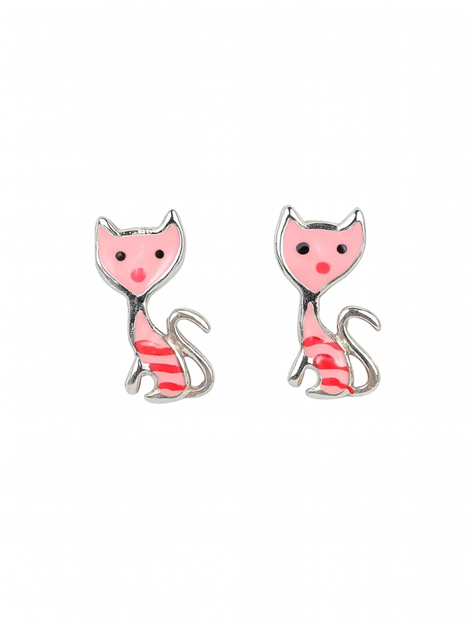 Sylvexia Silver Pink Cat Charm Earrings | Cute Cat Design Dangle Earrings for Women & Girls
