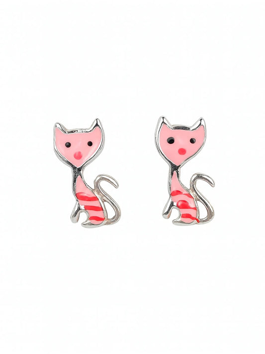 Sylvexia Silver Pink Cat Charm Earrings | Cute Cat Design Dangle Earrings for Women & Girls
