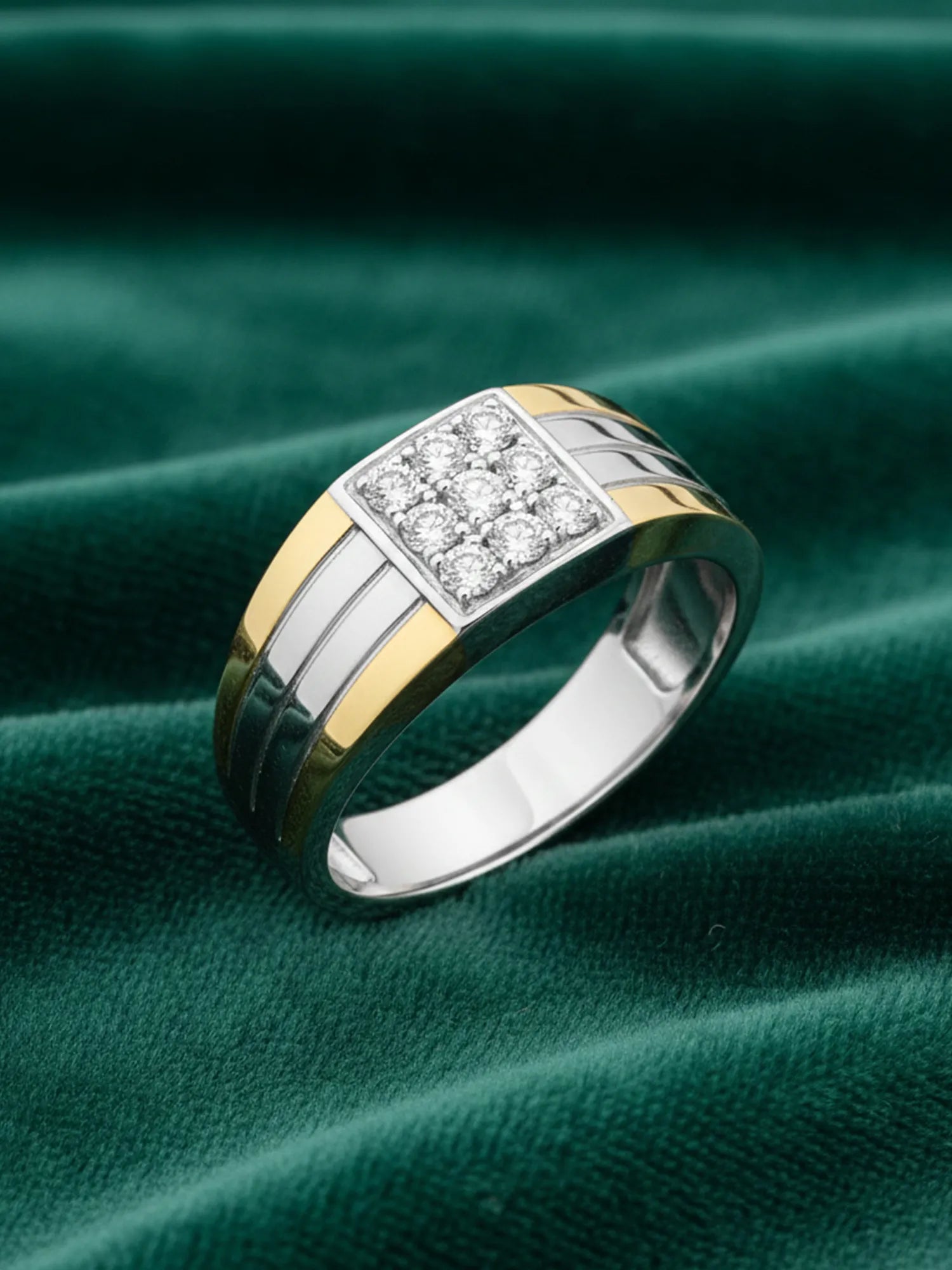 Sylvexia 925 Sterling Silver Two Tone CZ Square Ring for Men | Gold & Silver Luxury Band