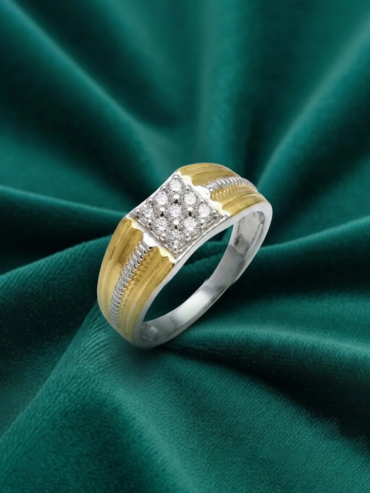 Sylvexia 925 Sterling Silver Two Tone CZ Square Ring for Men | Gold & Silver Statement Band
