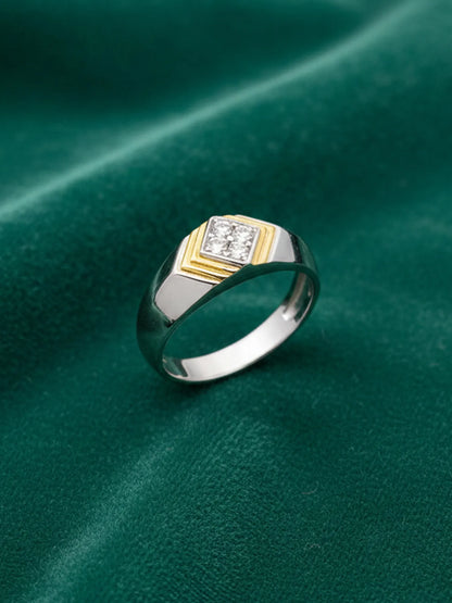 Sylvexia 925 Sterling Silver Gold Plated Ring for Men – Square CZ Stone Designer Ring | Premium Dual Tone Jewellery for Boys & Men