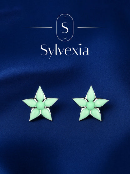 Sylvexia Silver Mint Green Floral Star Stud Earrings