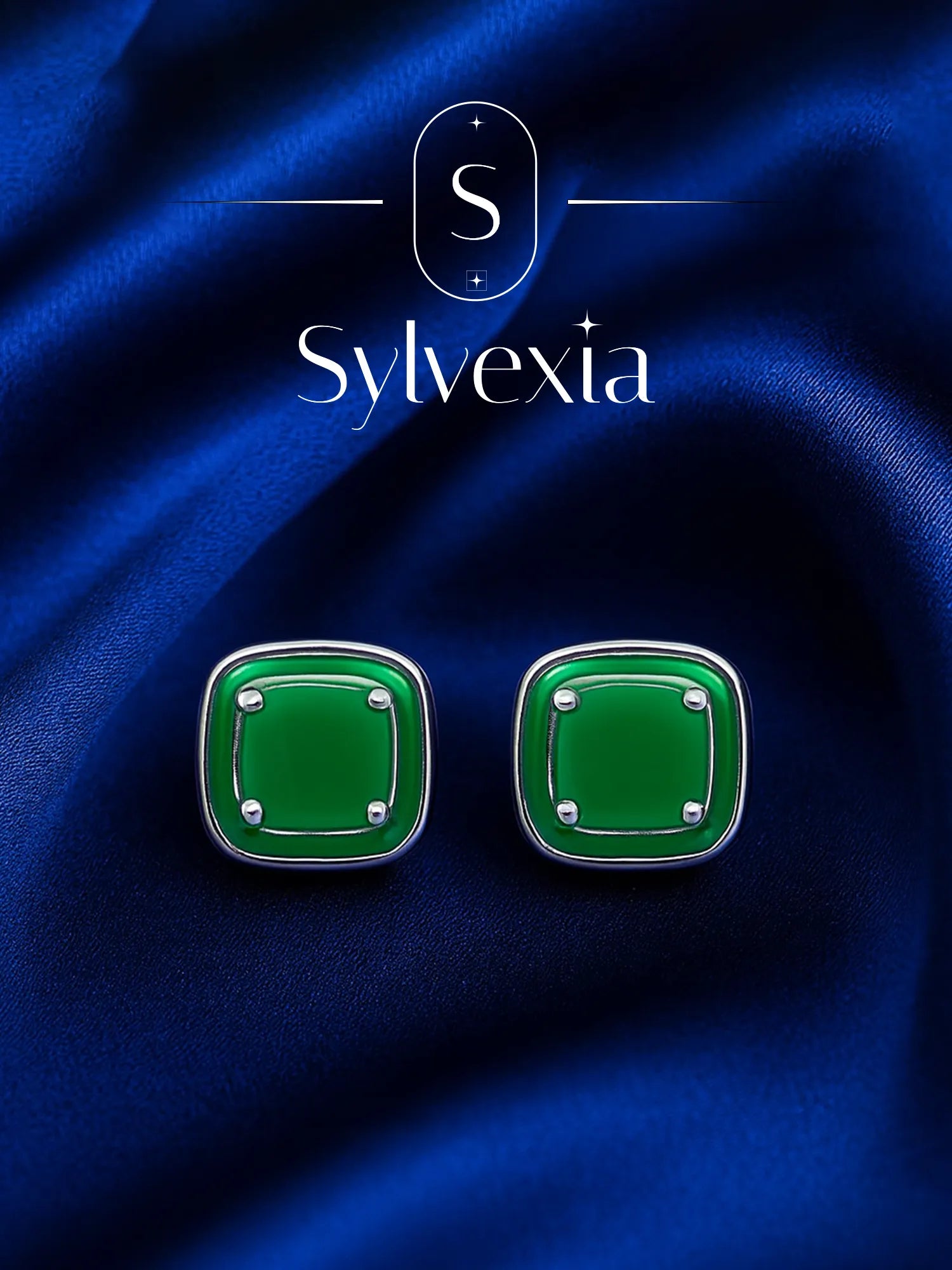Sylvexia Emerald Green Square Stud Earrings