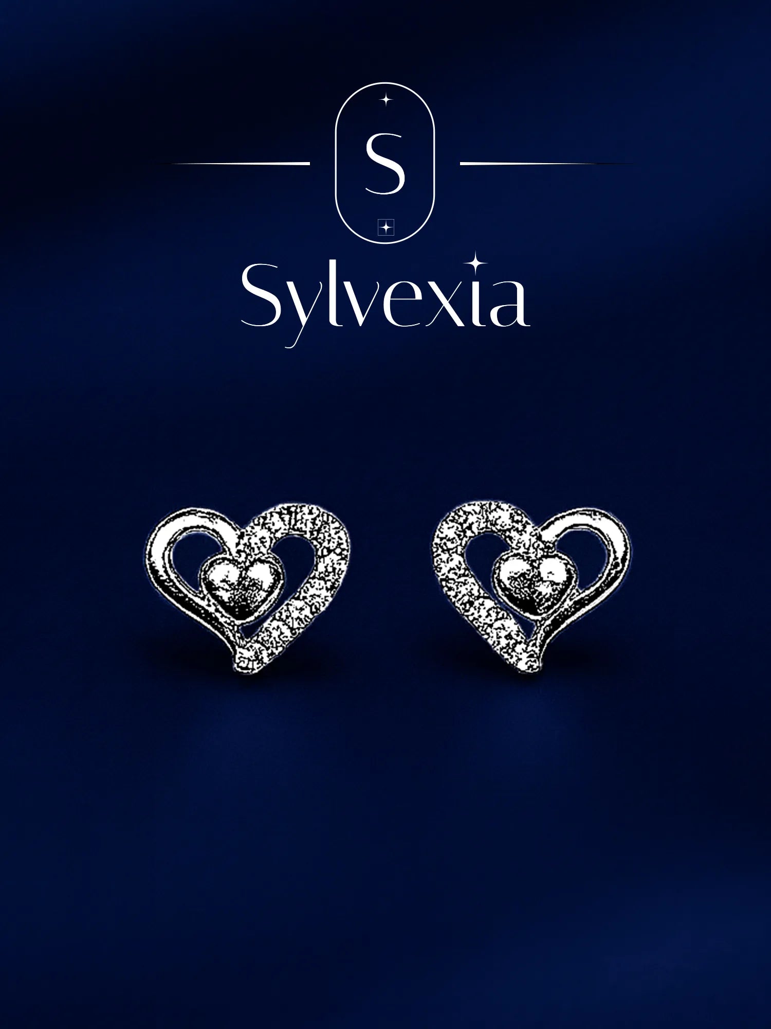 Sylvexia Silver Double Heart Crystal Stud Earrings