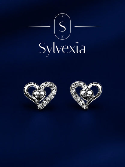 Sylvexia Silver Double Heart Crystal Stud Earrings