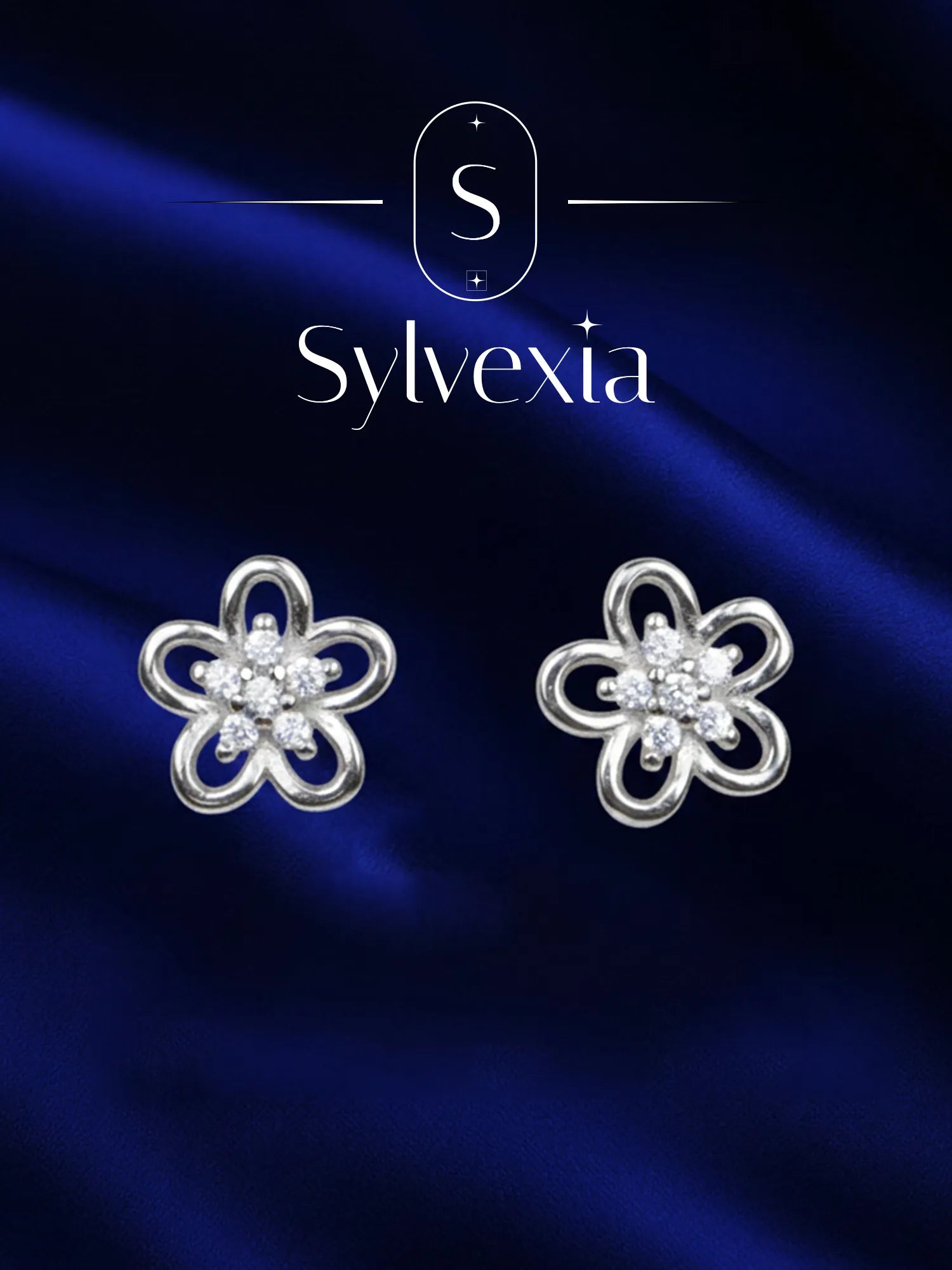 Sylvexia Silver Double Layer Floral Crystal Stud Earrings