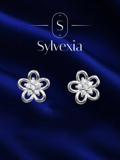 Sylvexia Silver Double Layer Floral Crystal Stud Earrings