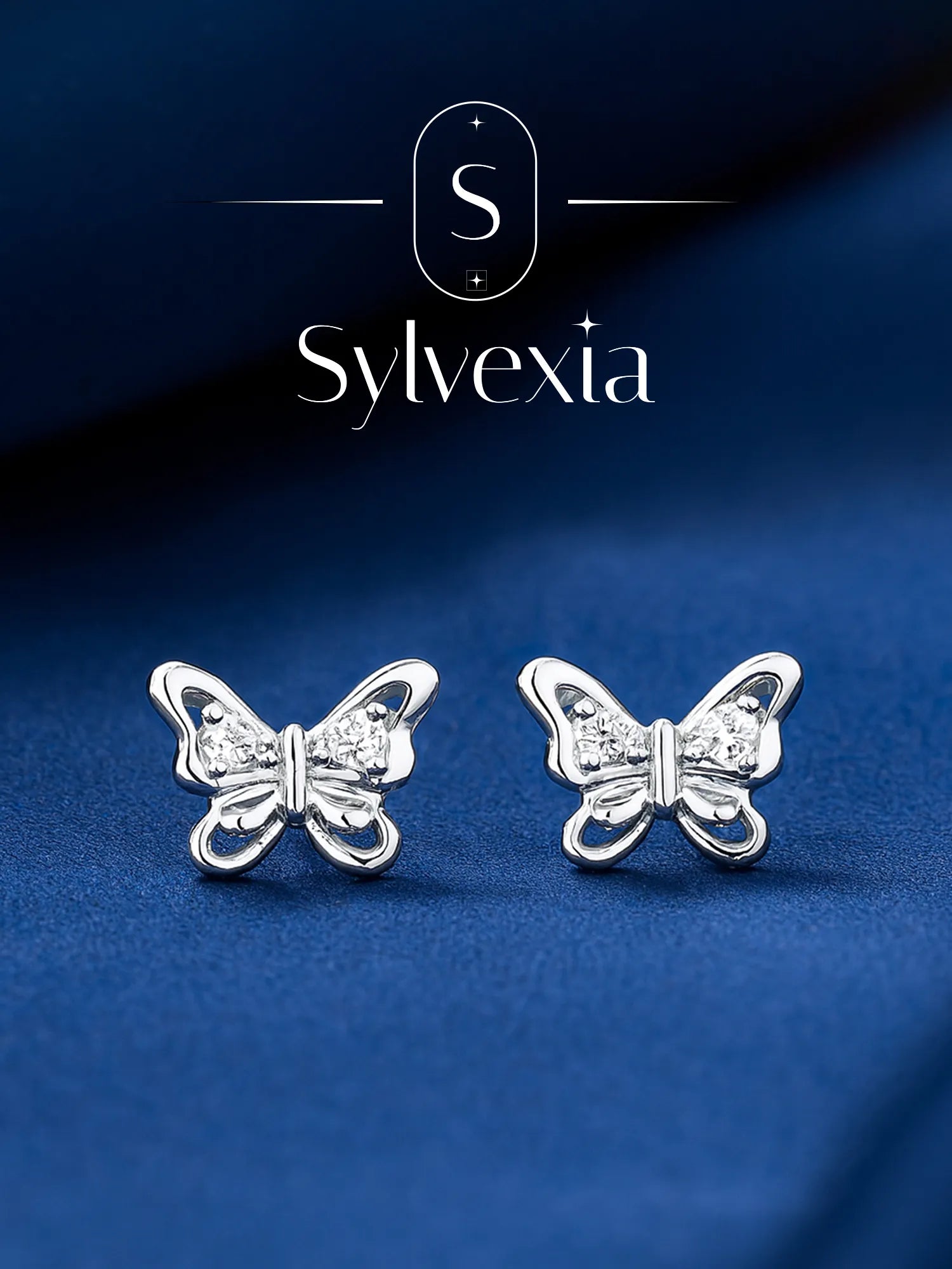 Sylvexia Silver Butterfly Bow Crystal Stud Earrings for Women