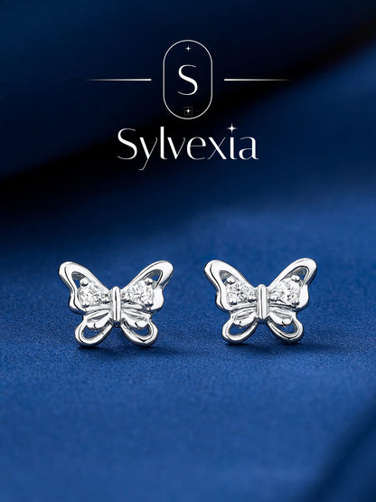 Sylvexia Silver Butterfly Bow Crystal Stud Earrings for Women