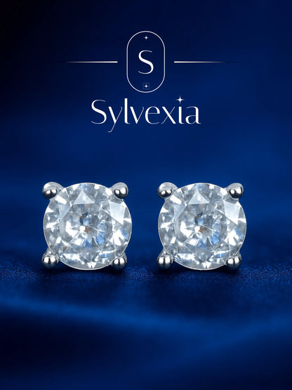Sylvexia Silver Classic Round Solitaire Crystal Stud Earrings