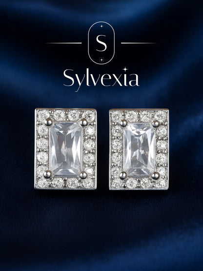Sylvexia Silver Rectangle Halo Crystal Stud Earrings