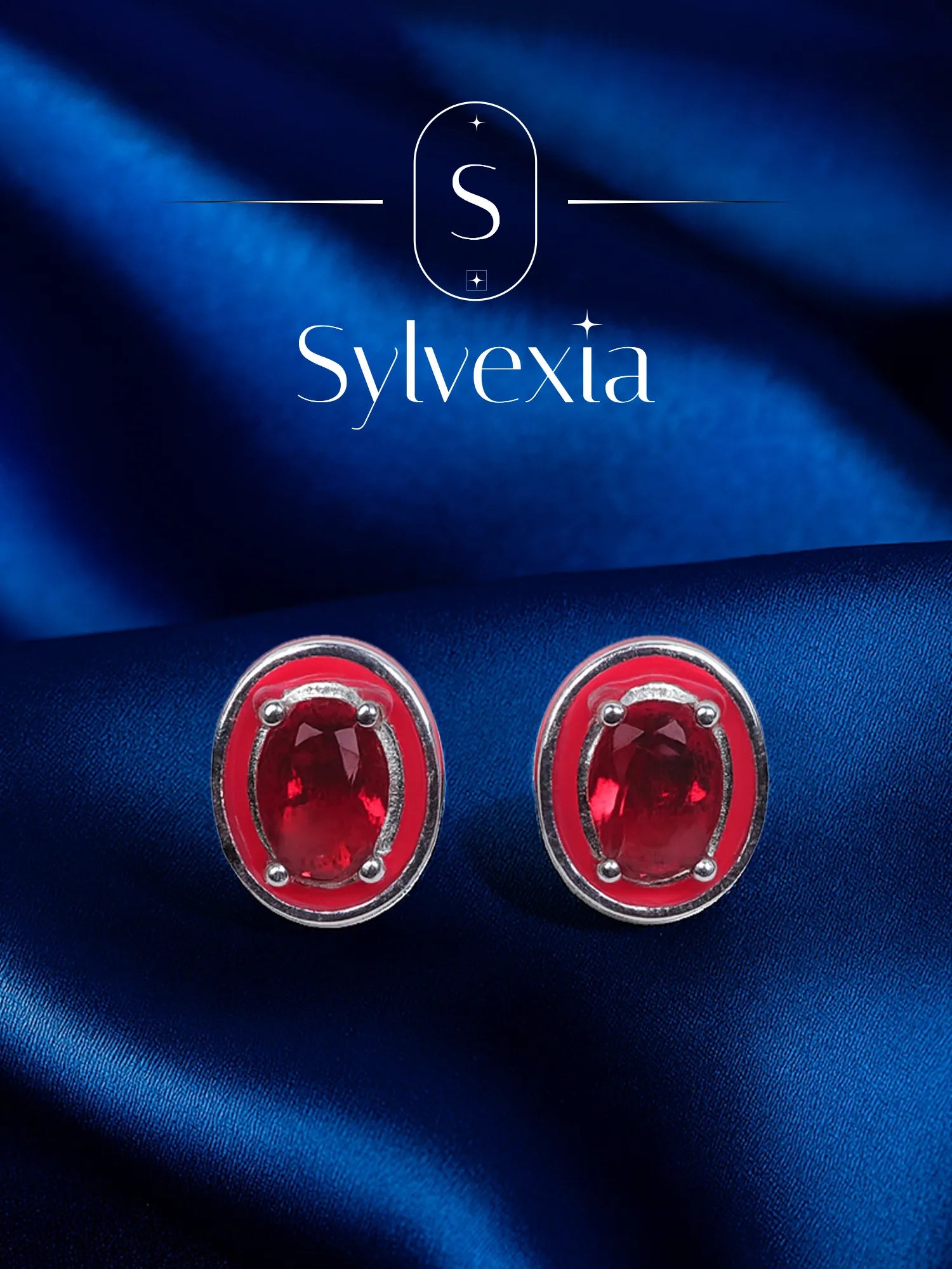 Sylvexia Silver Ruby Red Oval Crystal Stud Earrings