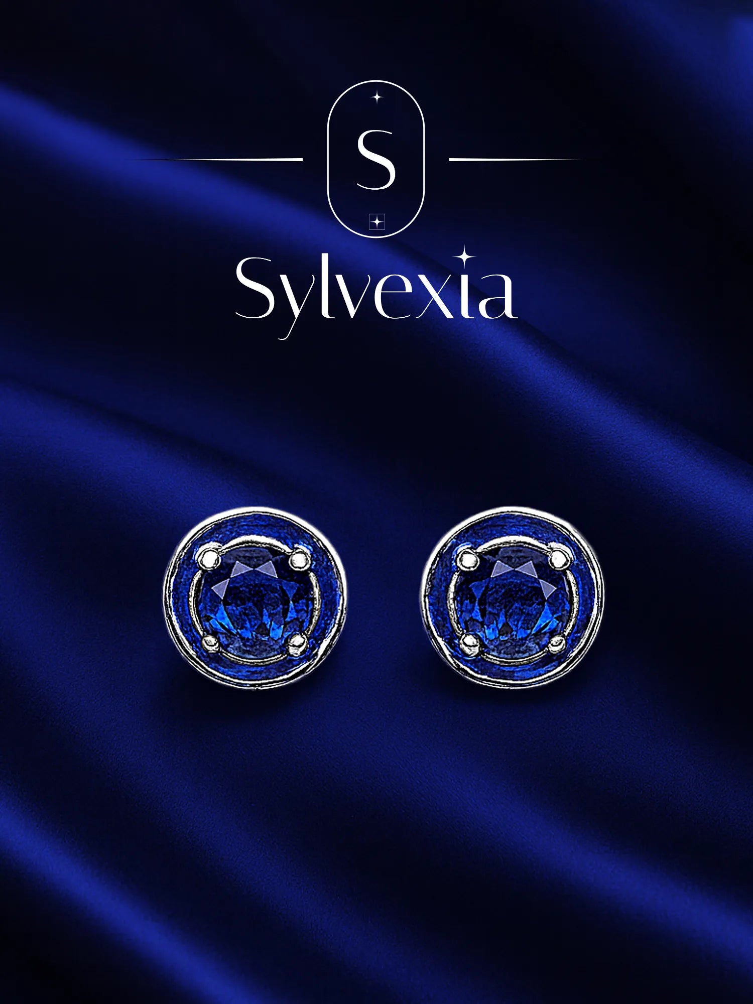Sylvexia Silver Royal Blue Round Crystal Stud Earrings