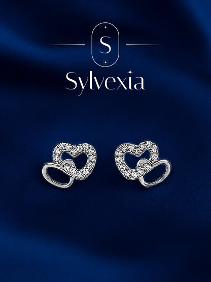 Sylvexia Double Heart Silver Stud Earrings for Women