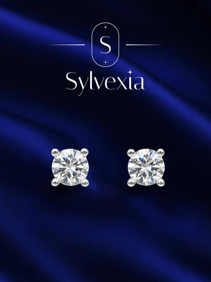 Sylvexia Silver Classic Round Solitaire Crystal Stud Earrings for Women