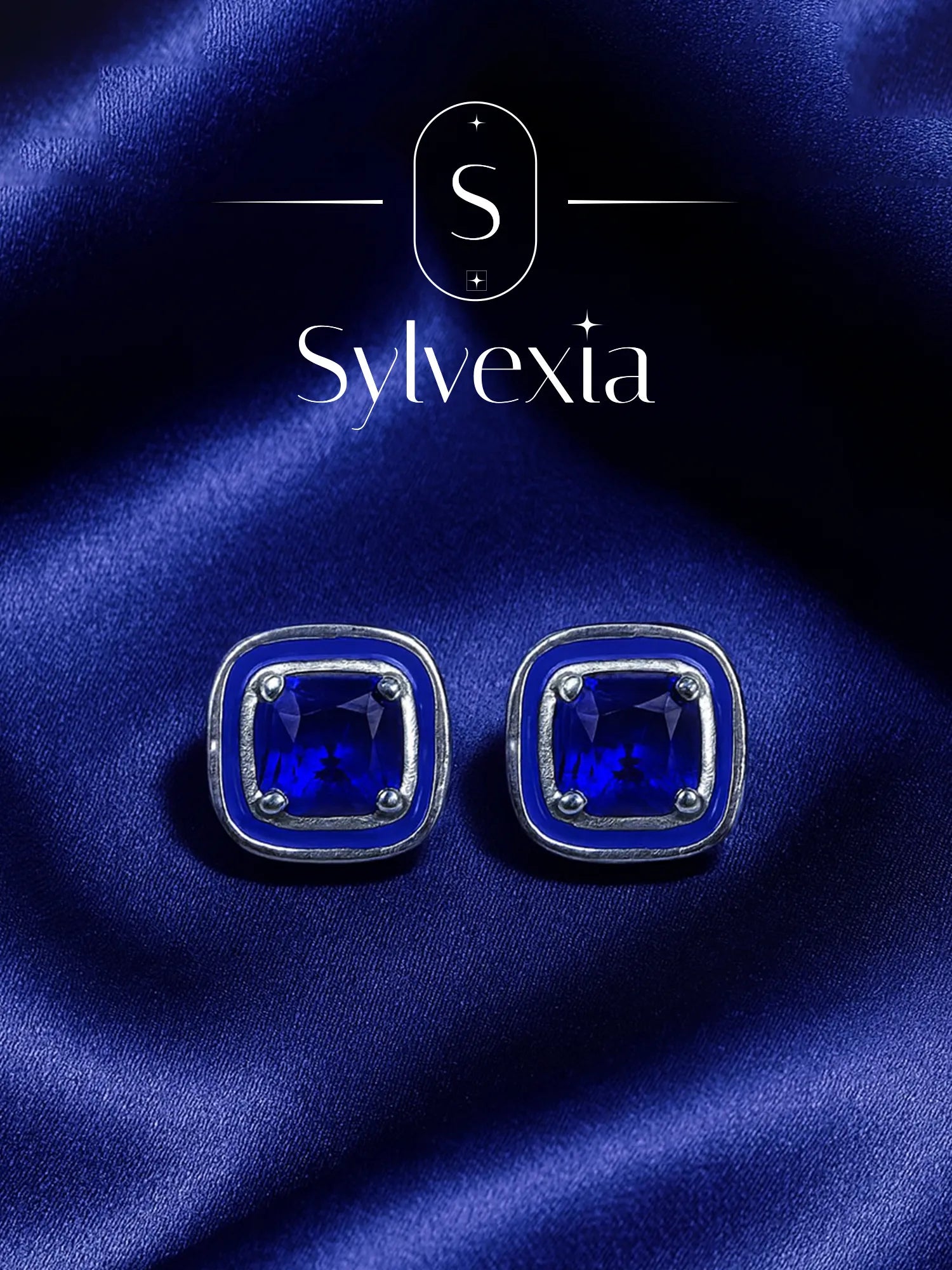 Sylvexia Royal Blue Crystal Square Stud Earrings