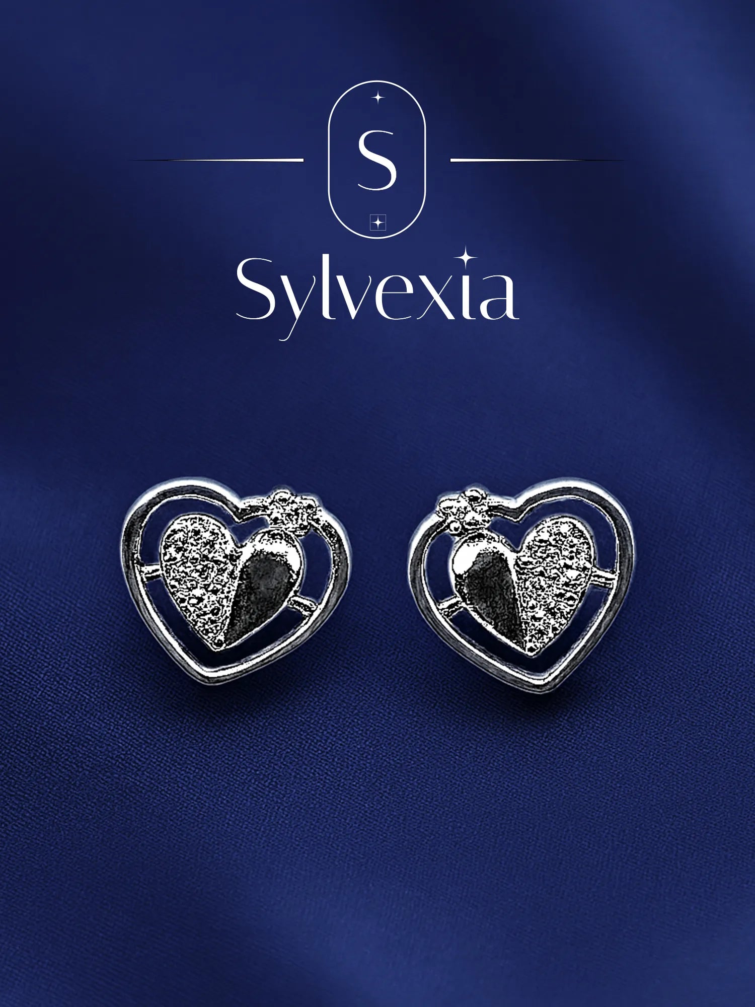 Sylvexia Silver Split Heart Crystal Stud Earrings