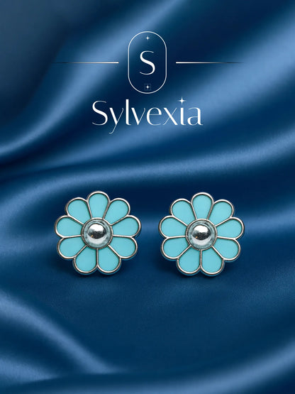 Sylvexia Silver Blue Daisy Stud Earrings