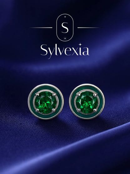 Sylvexia Silver Emerald Green Round Crystal Stud Earrings