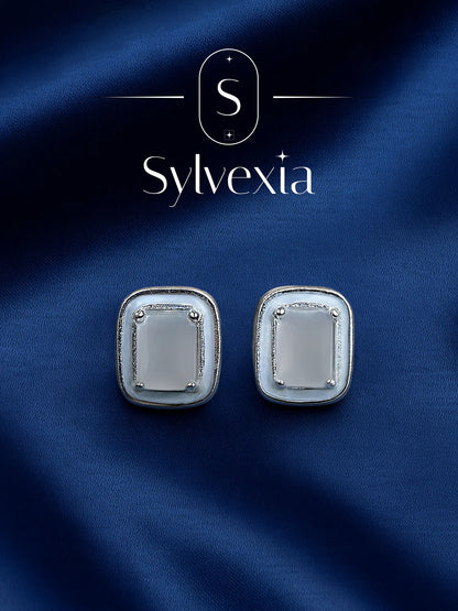 Sylvexia Silver Rectangular Minimal Stud Earrings