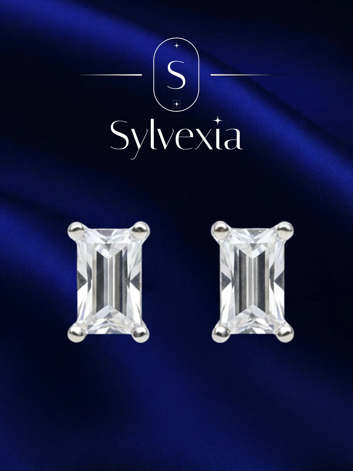 Sylvexia Silver Baguette Crystal Stud Earrings
