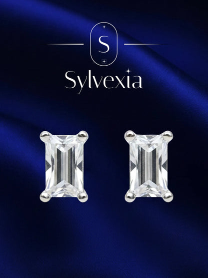 Sylvexia Silver Baguette Crystal Stud Earrings