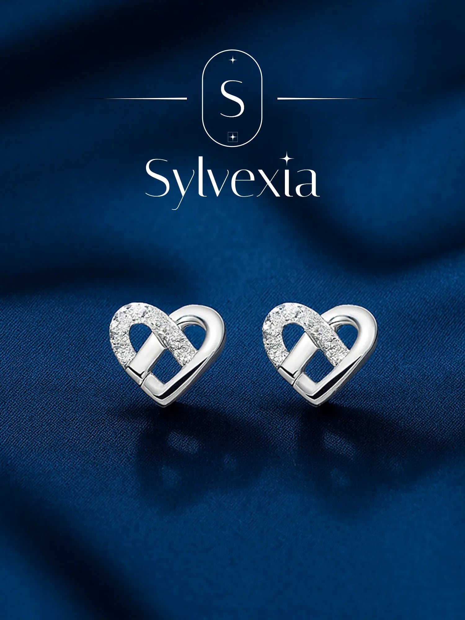 Sylvexia Silver Interlocked Heart Crystal Stud Earrings